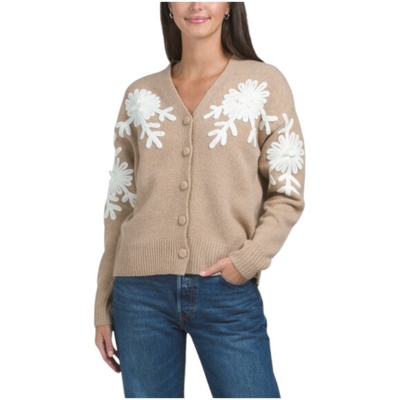 GREIGE Embroidered Flower Covered Button Sweater - Picture 1 of 3